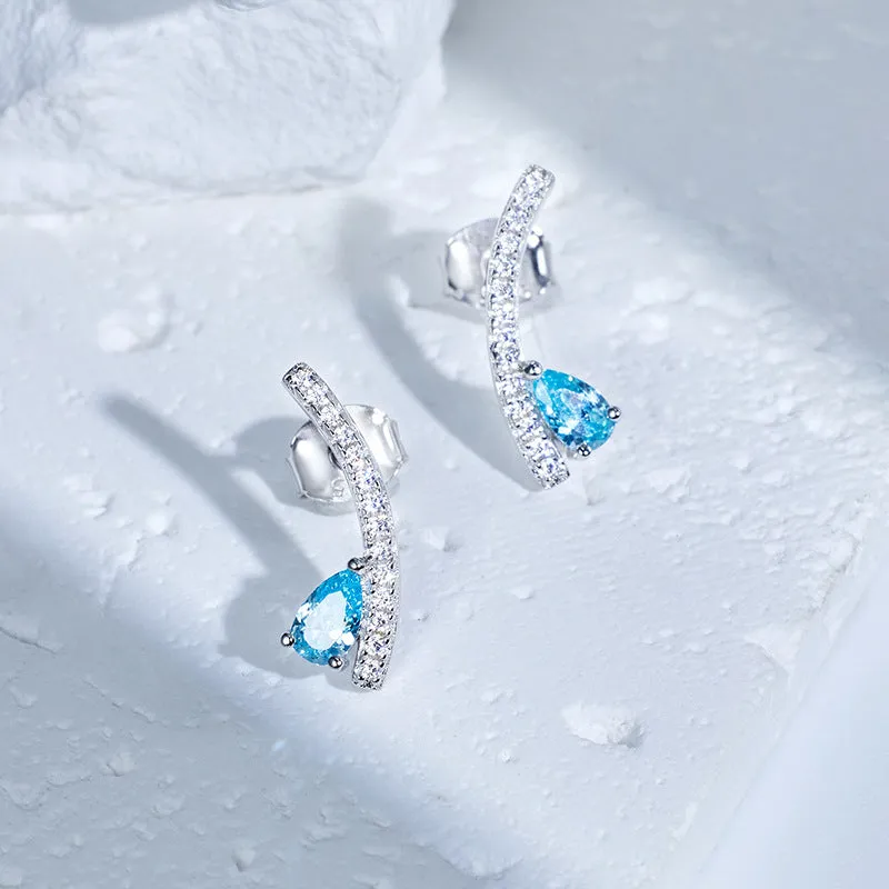 Sea Blue Pear Shape Zircon Arc Shape Sterling Silver Stud Earrings