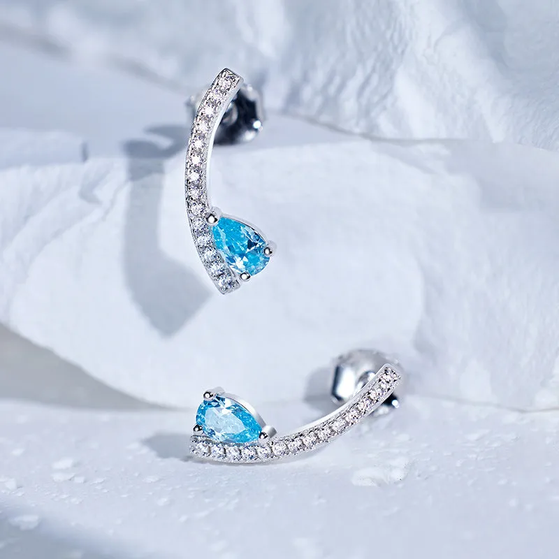 Sea Blue Pear Shape Zircon Arc Shape Sterling Silver Stud Earrings