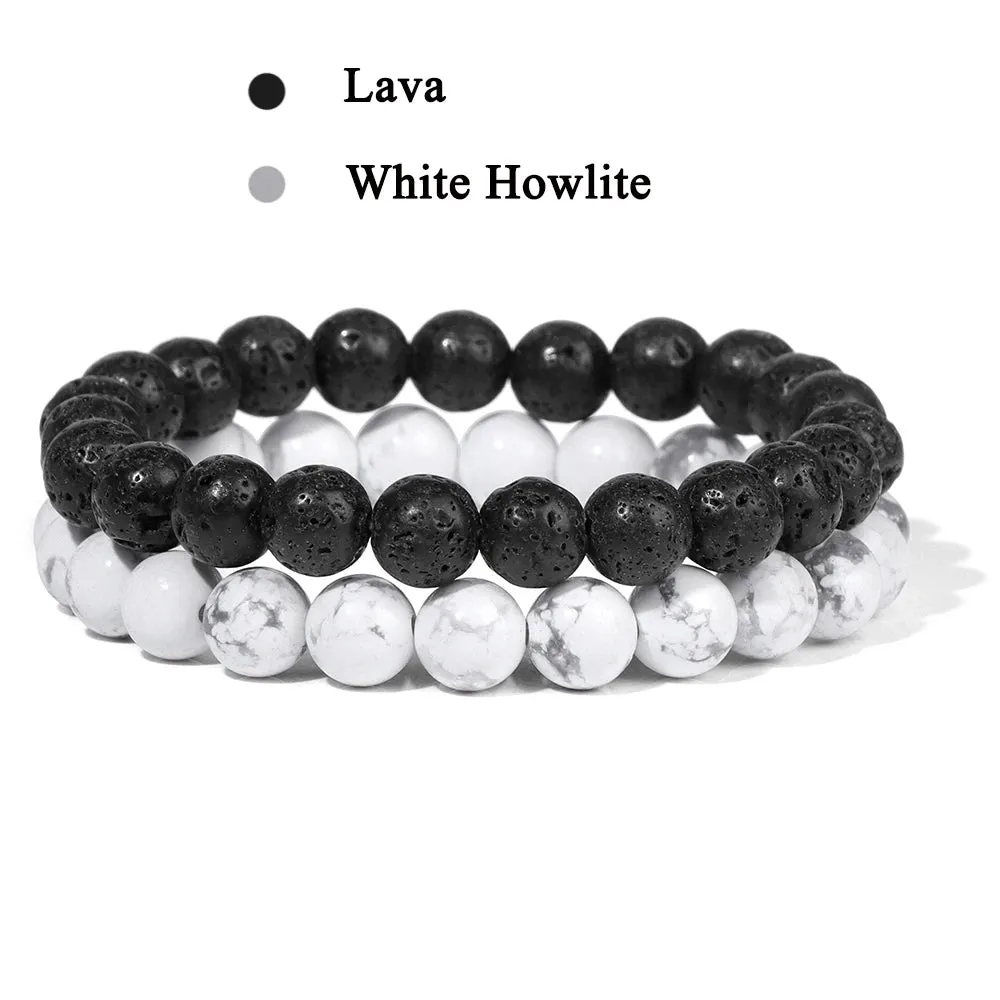 Set Bracelet Couples Distance Black White Natural Lava Stone Tiger Eye Beaded Yoga Bracelets for Men Women Elastic Rope Jewelry
