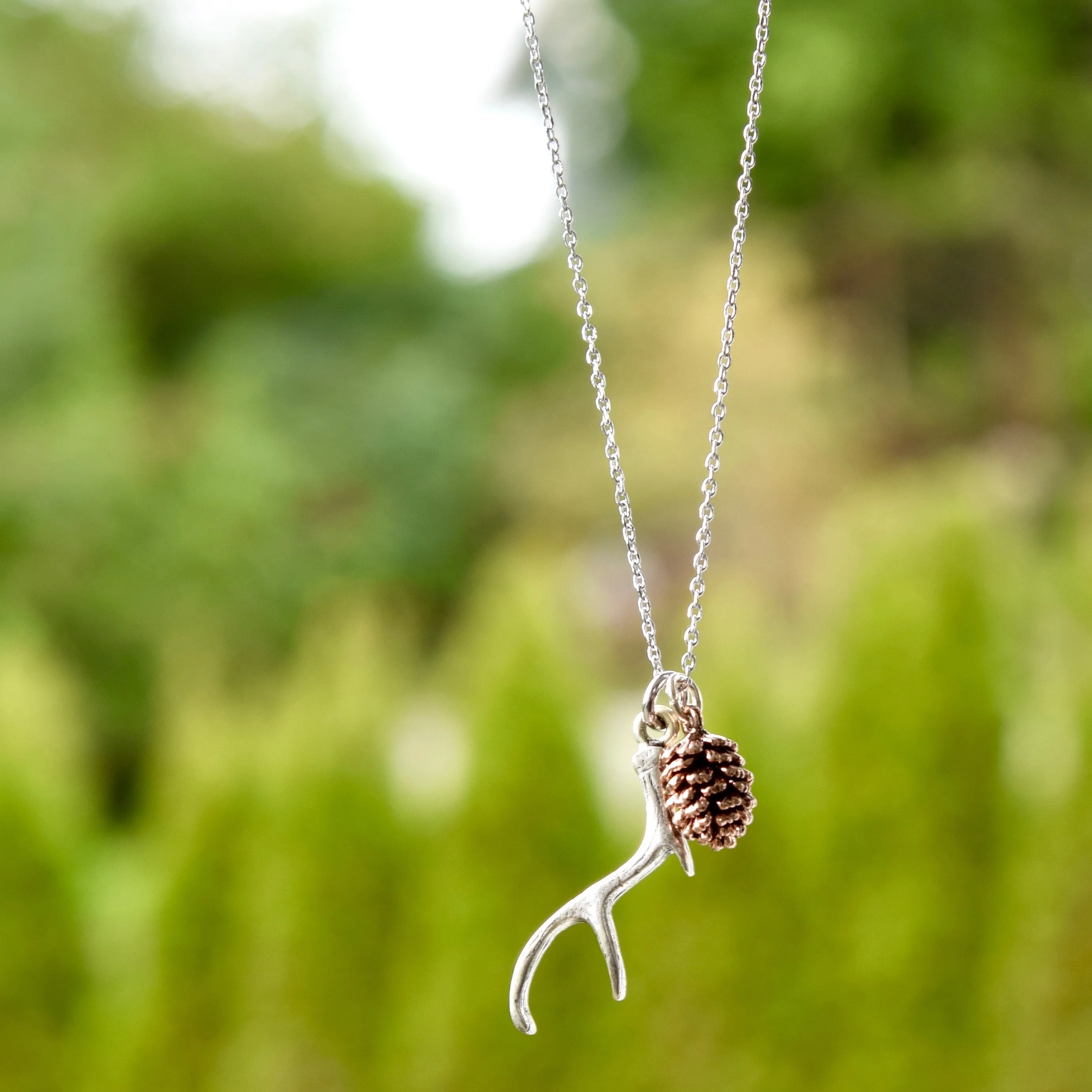 Silver Antler & Pinecone Necklace ~ Antique Rose Gold Pinecone
