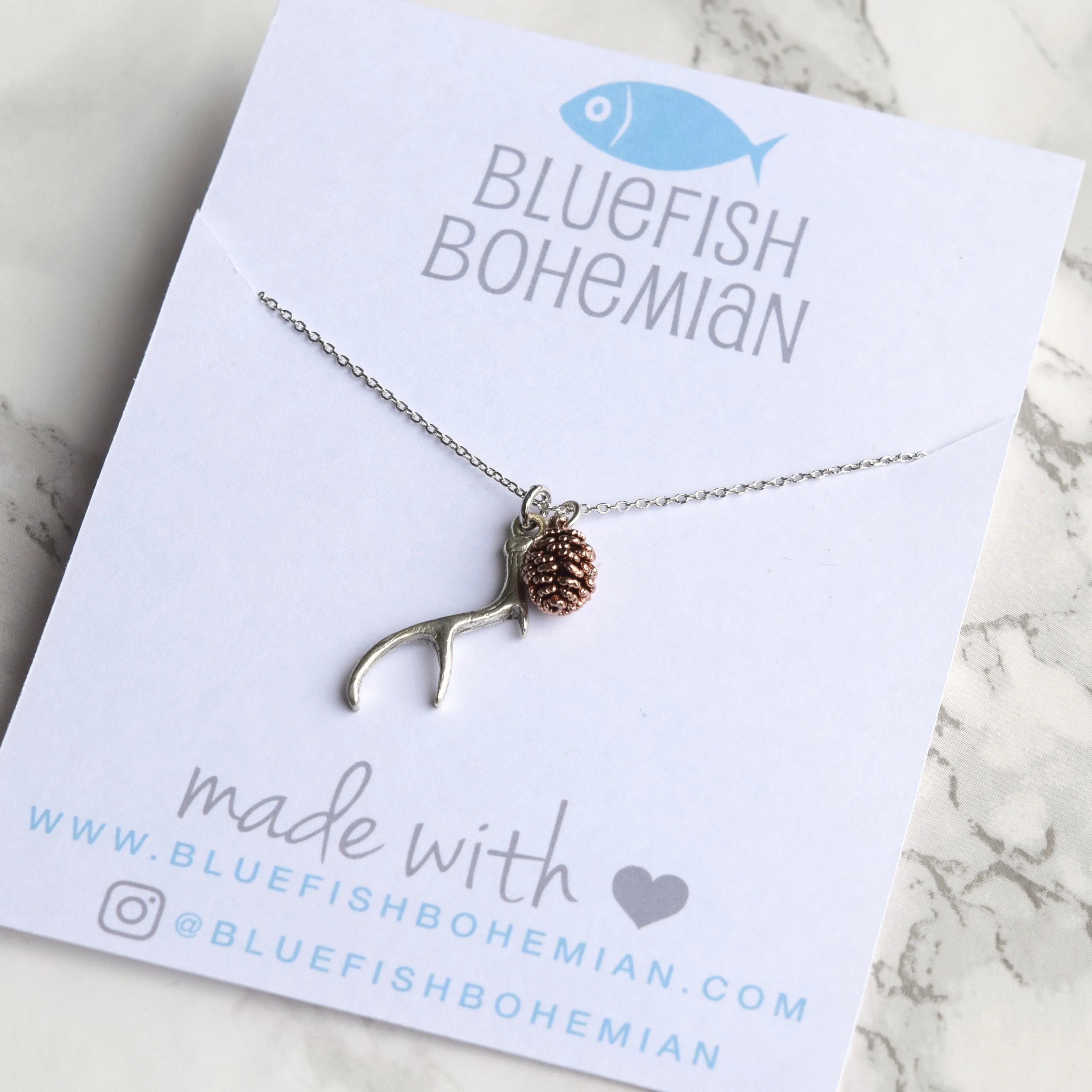 Silver Antler & Pinecone Necklace ~ Antique Rose Gold Pinecone