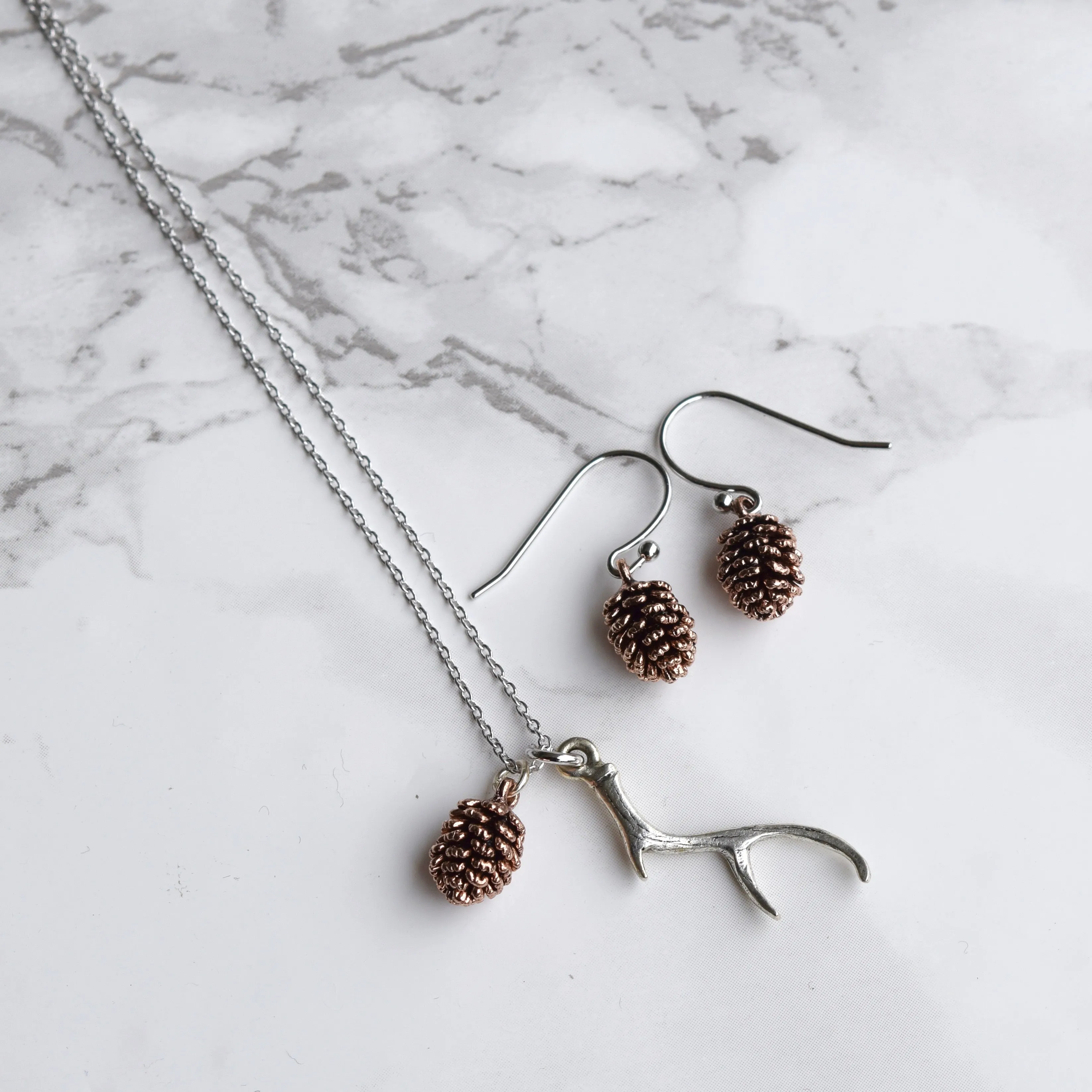 Silver Antler & Pinecone Necklace ~ Antique Rose Gold Pinecone