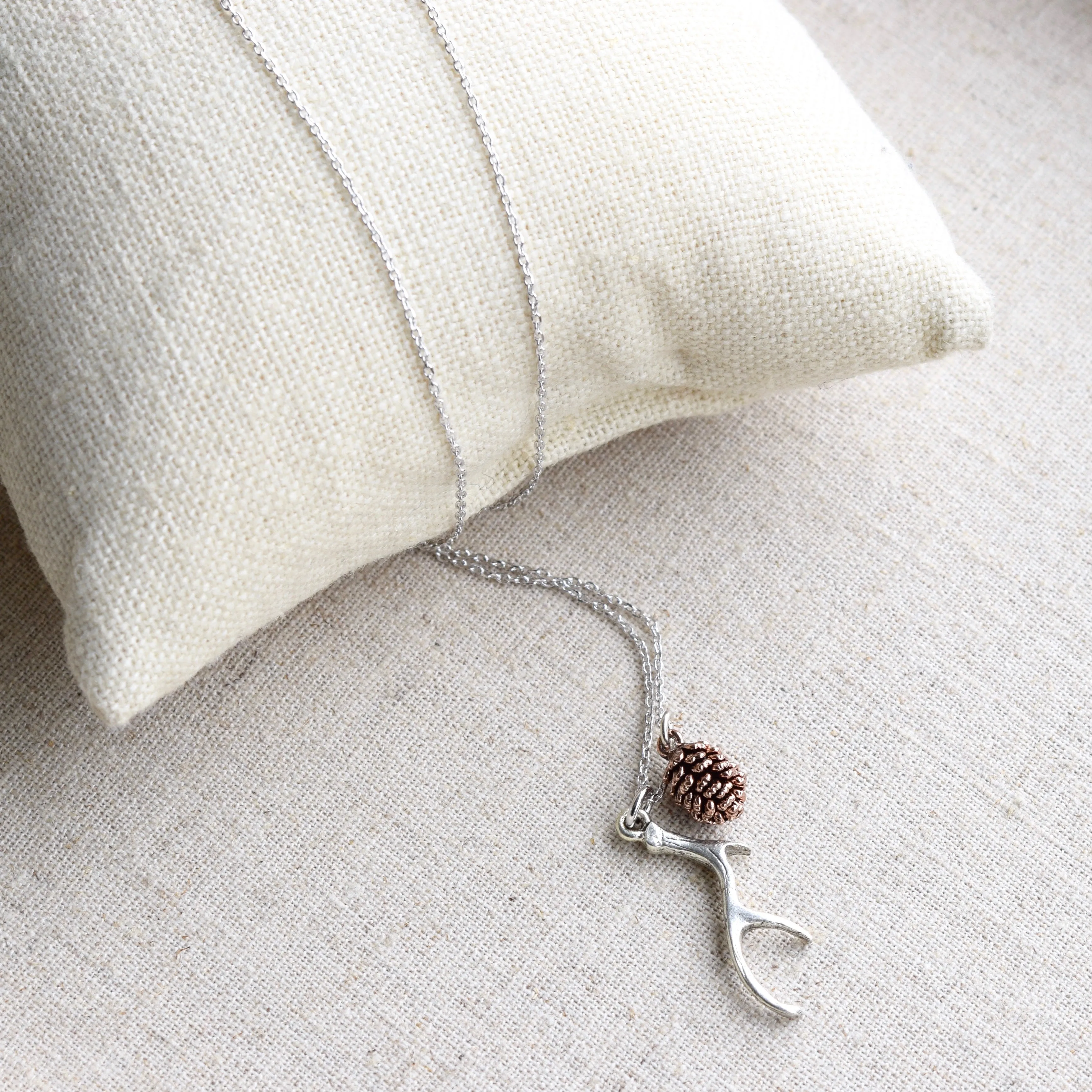 Silver Antler & Pinecone Necklace ~ Antique Rose Gold Pinecone