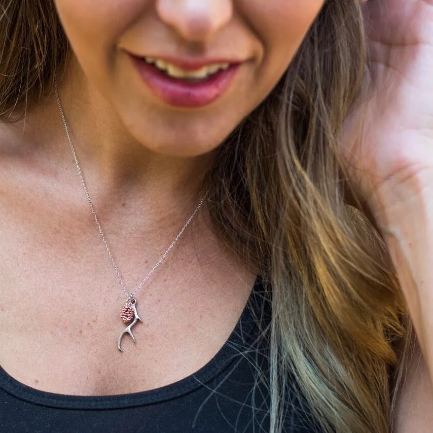 Silver Antler & Pinecone Necklace ~ Antique Rose Gold Pinecone