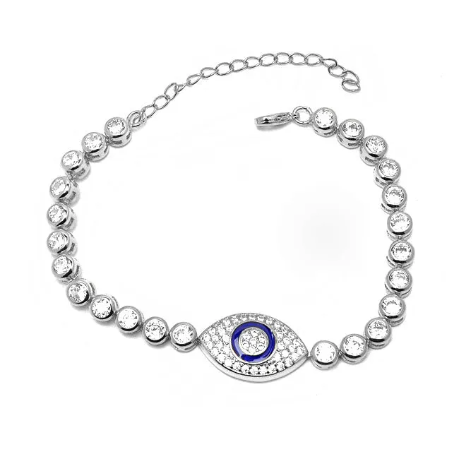 Silver Cubic Zirconia Evil Eye Adjustable Chain Bracelet