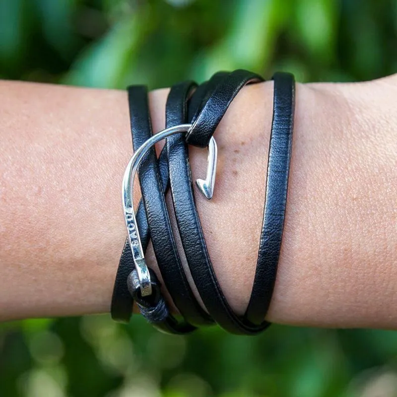 Silver Hook Wrap Bracelet | Black Leather