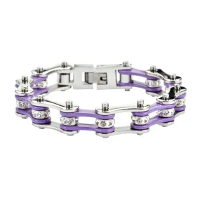 SK1108 1/2" Wide Two Tone Silver Violet With White Crystal Centers Stainless Steel Motorcycle Bike Chain Bracelet
