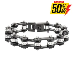 SK1117 1/2" Wide All Black With White Crystal Centers Stainless Steel Motorcycle Bike Chain Bracelet