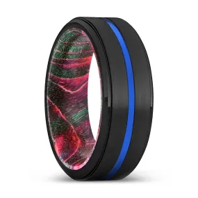 SMISON | Green & Red Wood, Black Tungsten Ring, Blue Groove, Stepped Edge