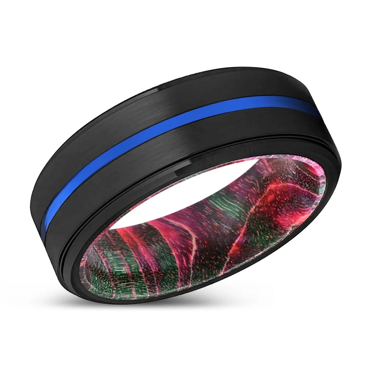 SMISON | Green & Red Wood, Black Tungsten Ring, Blue Groove, Stepped Edge