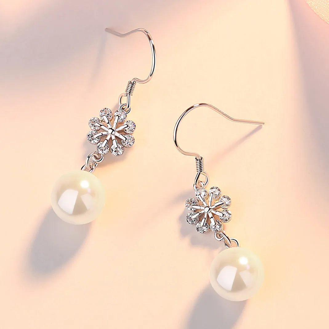 Snowflake with Pearl Pendant Silver Drop Earrings for Women
