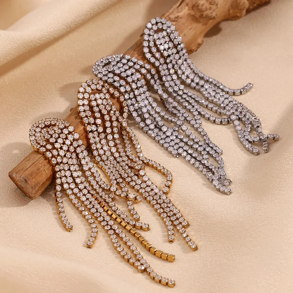 Sparkling CZ Crystal Fringe Long Tassel Earrings