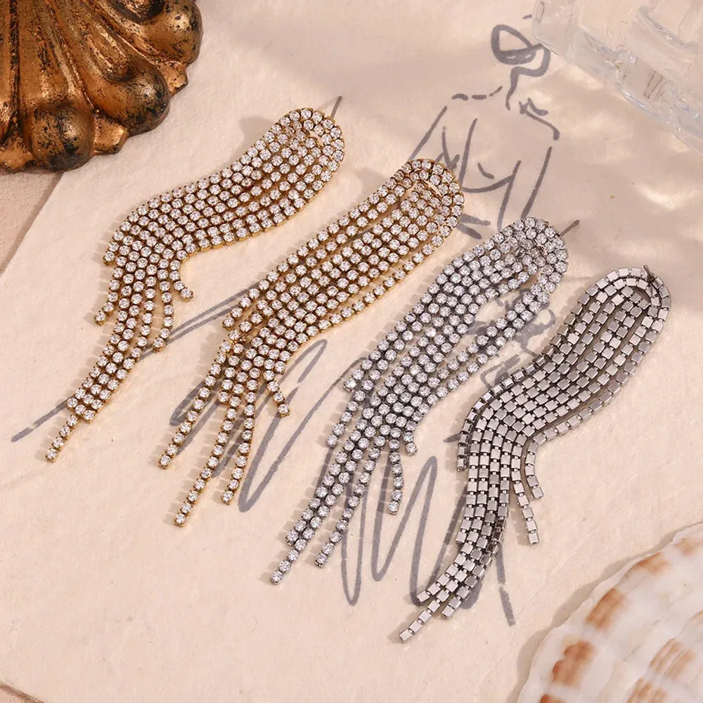 Sparkling CZ Crystal Fringe Long Tassel Earrings