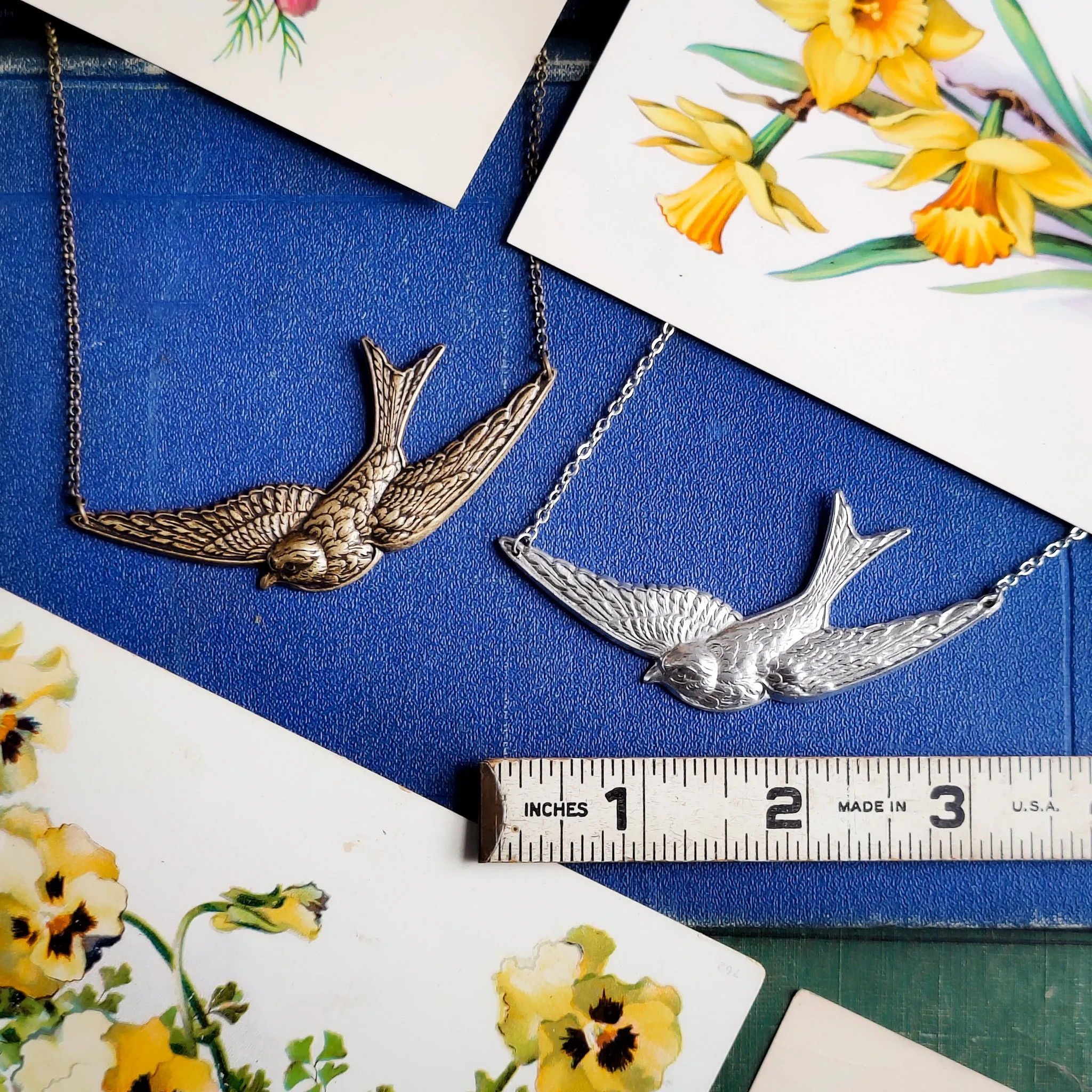Sparrow In Flight Vintage Style Necklace available in Antiqued Brass or Silver