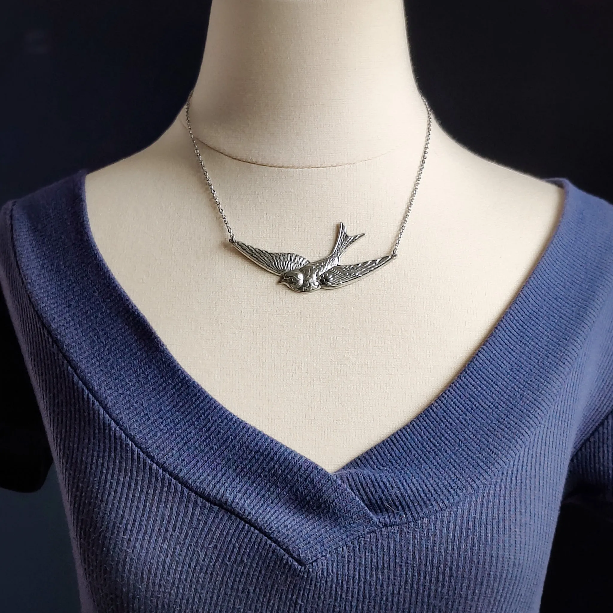 Sparrow In Flight Vintage Style Necklace available in Antiqued Brass or Silver