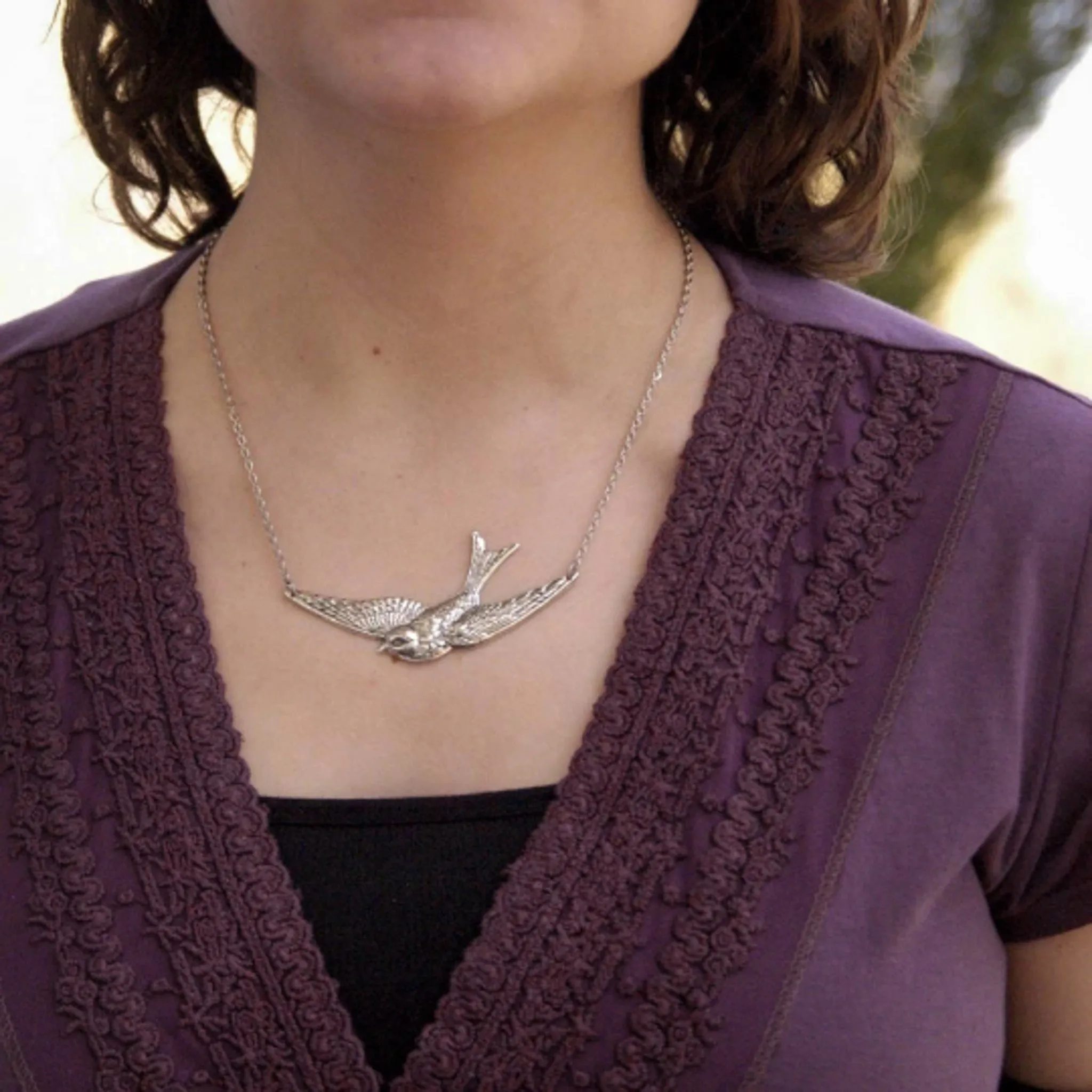 Sparrow In Flight Vintage Style Necklace available in Antiqued Brass or Silver