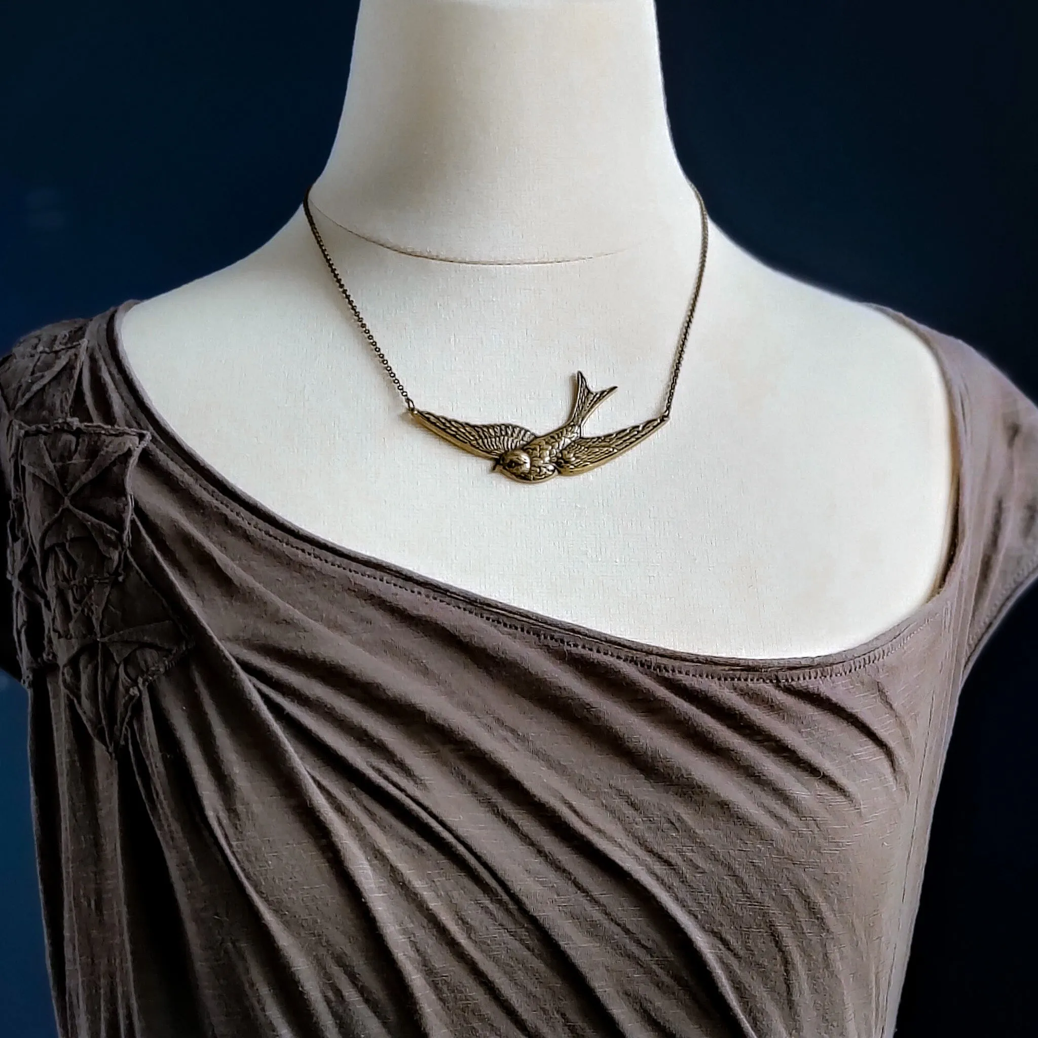 Sparrow In Flight Vintage Style Necklace available in Antiqued Brass or Silver