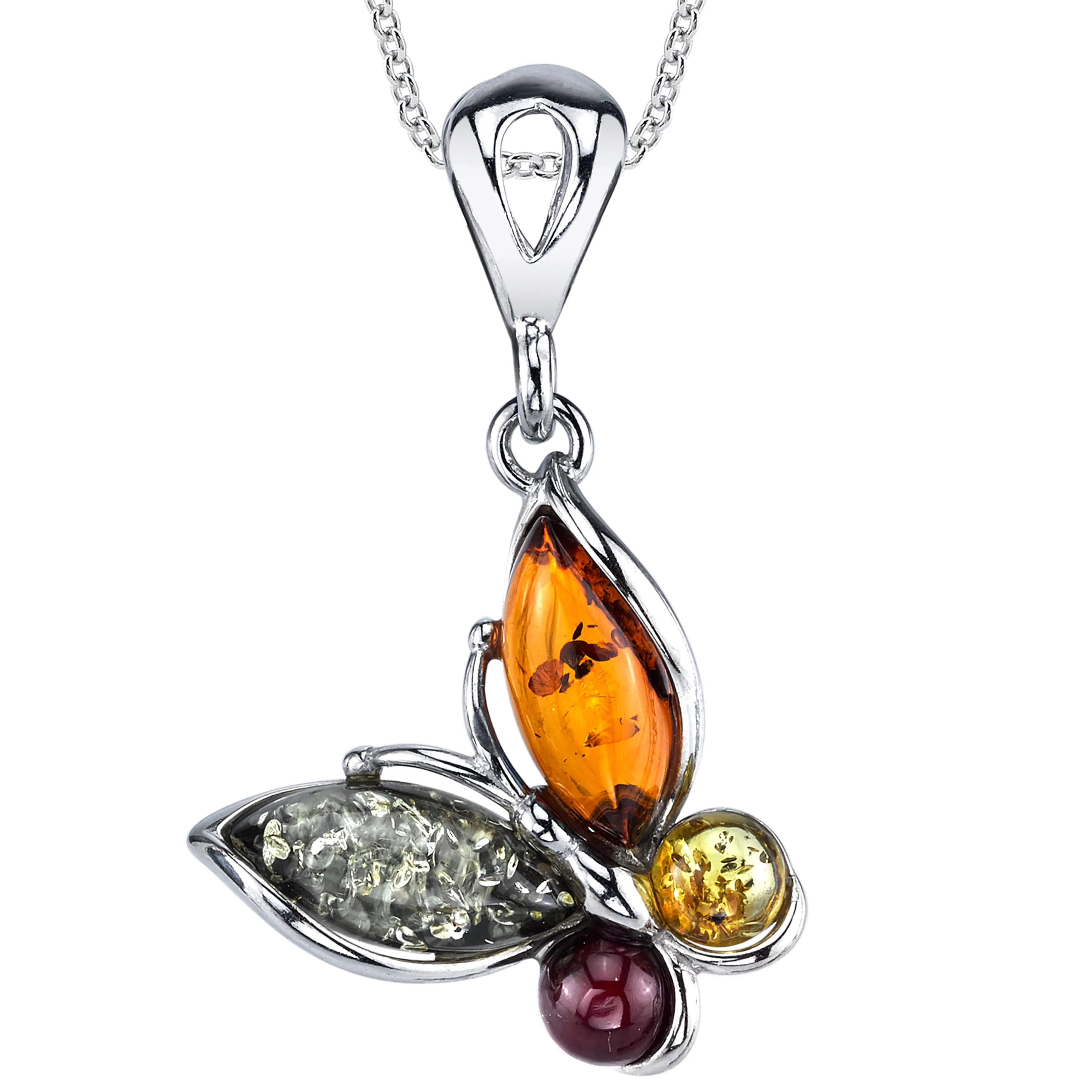 Sterling Silver Baltic Amber Butterfly Pendant Necklace 18" Free Rolo Chain