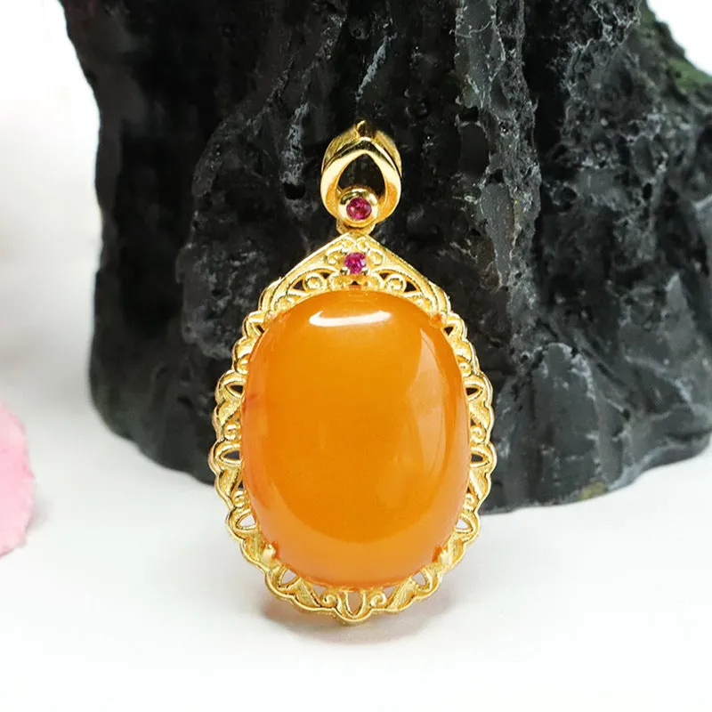 Sterling Silver Oval Honey Wax Amber Pendant Necklace