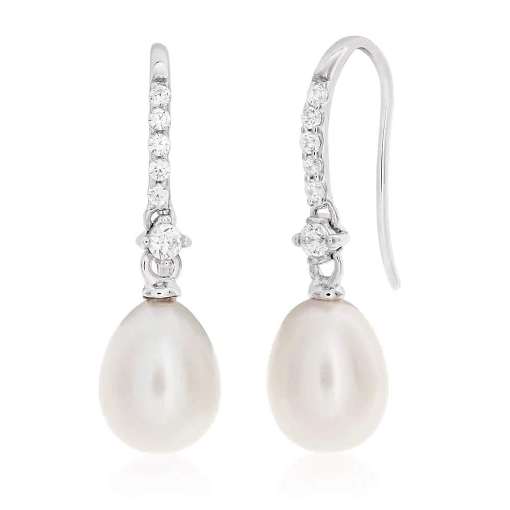 Sterling Silver White Freshwater Pearl   Cubic Zirconia Drop Earrings