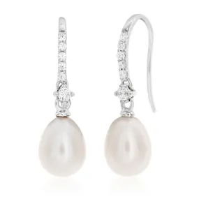 Sterling Silver White Freshwater Pearl   Cubic Zirconia Drop Earrings