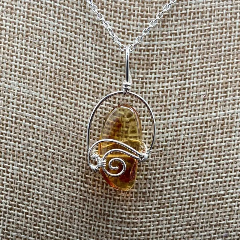 Sterling Silver Wire Wrapped Baltic Amber Pendant Necklace