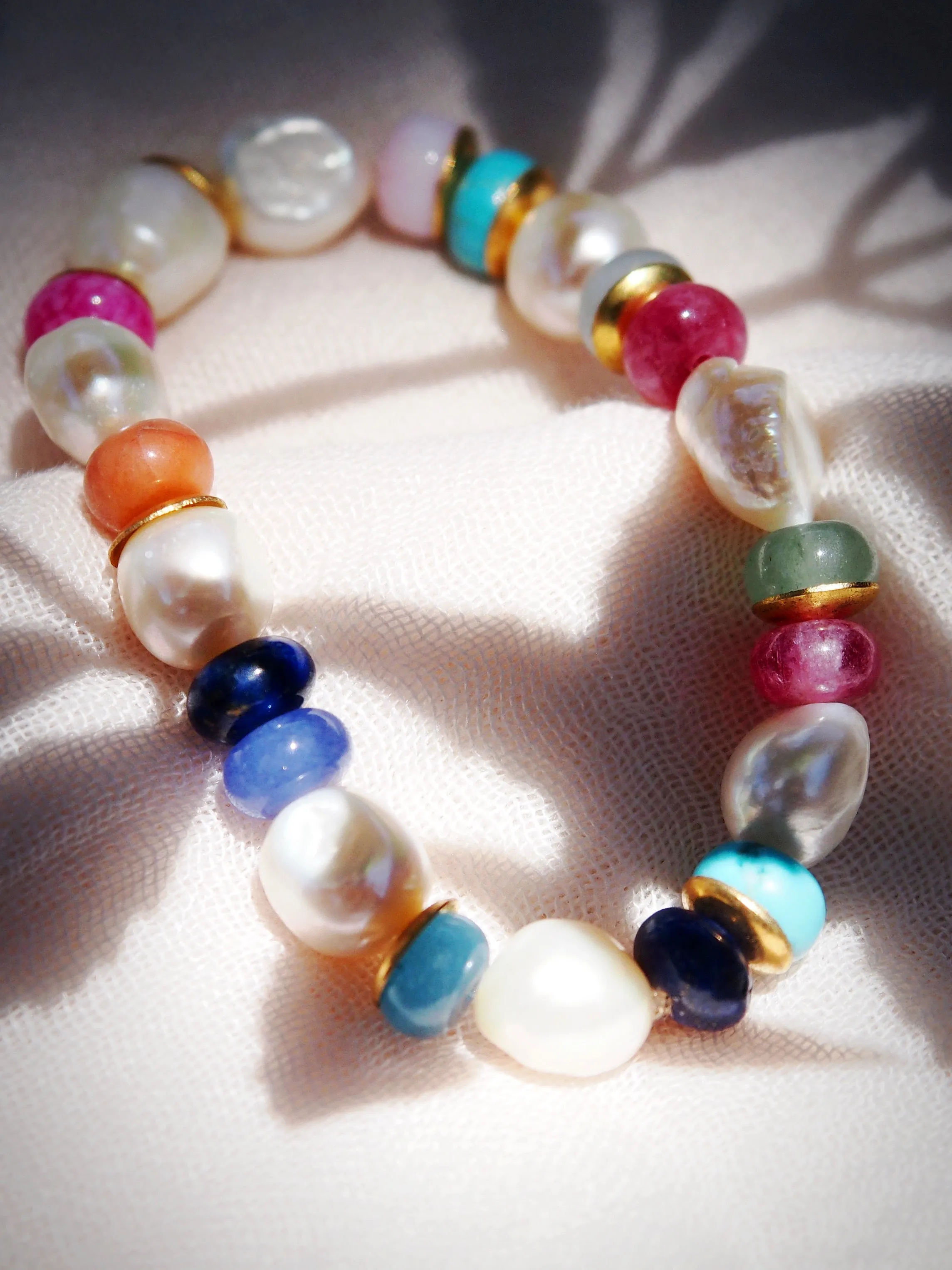 Stretchy Candy Gemstone and Pearl Bracelet - Momona