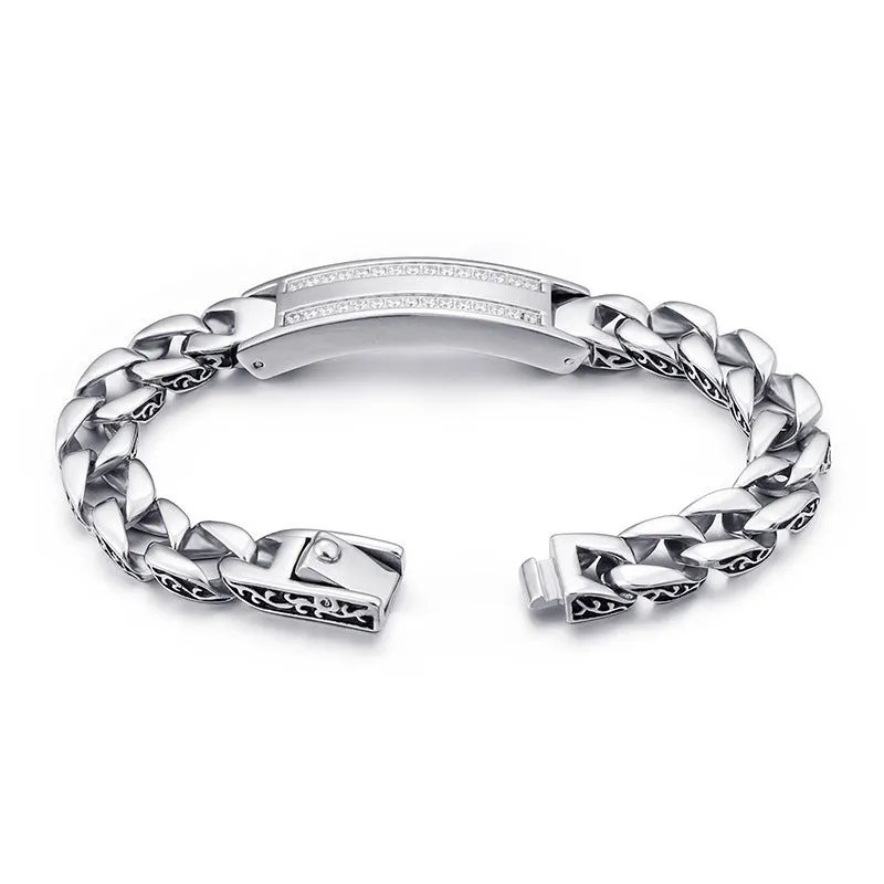 Stylish Men's Titanium Steel Retro Curved Bracelet with Micro-Inlaid Zircon