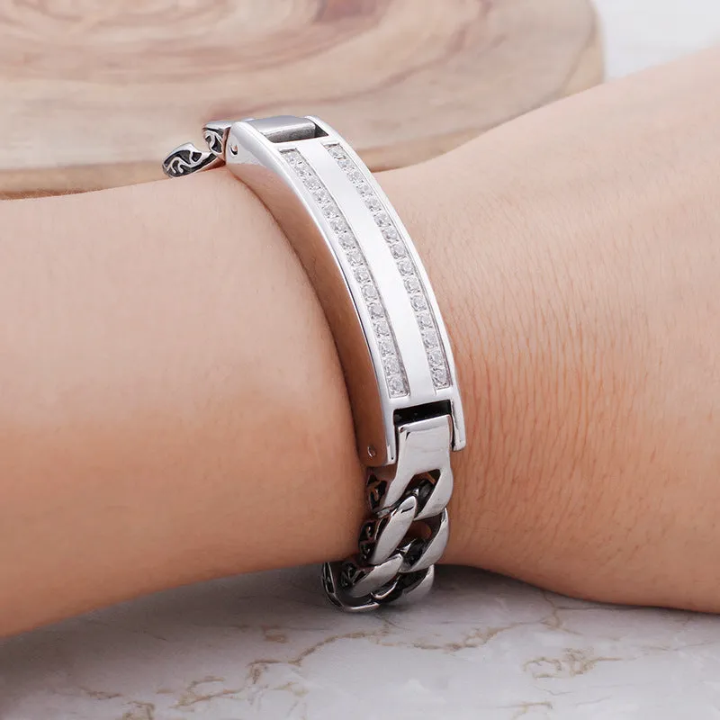 Stylish Men's Titanium Steel Retro Curved Bracelet with Micro-Inlaid Zircon