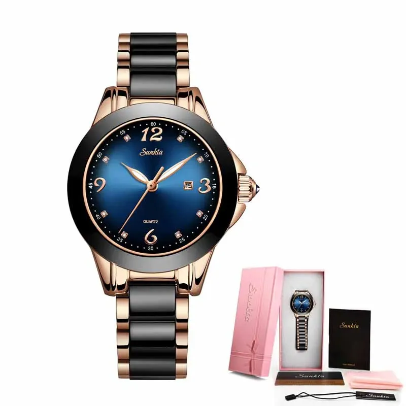 SUNKTA Fashion Women Watches Ladies Top Brand Luxury Ceramic Rhinestone Sport Quartz Watch Women Blue Waterproof Bracelet Watch