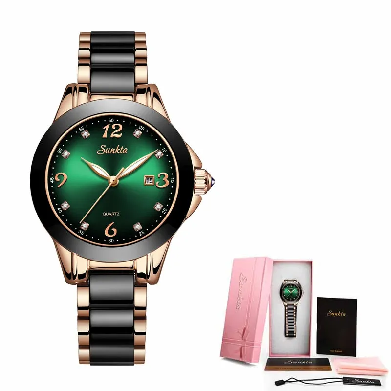 SUNKTA Fashion Women Watches Ladies Top Brand Luxury Ceramic Rhinestone Sport Quartz Watch Women Blue Waterproof Bracelet Watch