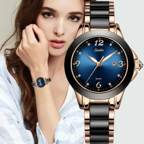 SUNKTA Fashion Women Watches Ladies Top Brand Luxury Ceramic Rhinestone Sport Quartz Watch Women Blue Waterproof Bracelet Watch