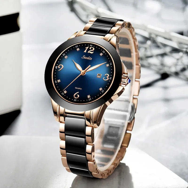 SUNKTA Fashion Women Watches Ladies Top Brand Luxury Ceramic Rhinestone Sport Quartz Watch Women Blue Waterproof Bracelet Watch