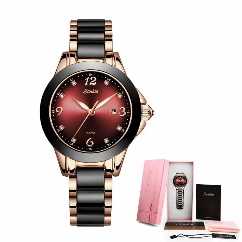 SUNKTA Fashion Women Watches Ladies Top Brand Luxury Ceramic Rhinestone Sport Quartz Watch Women Blue Waterproof Bracelet Watch