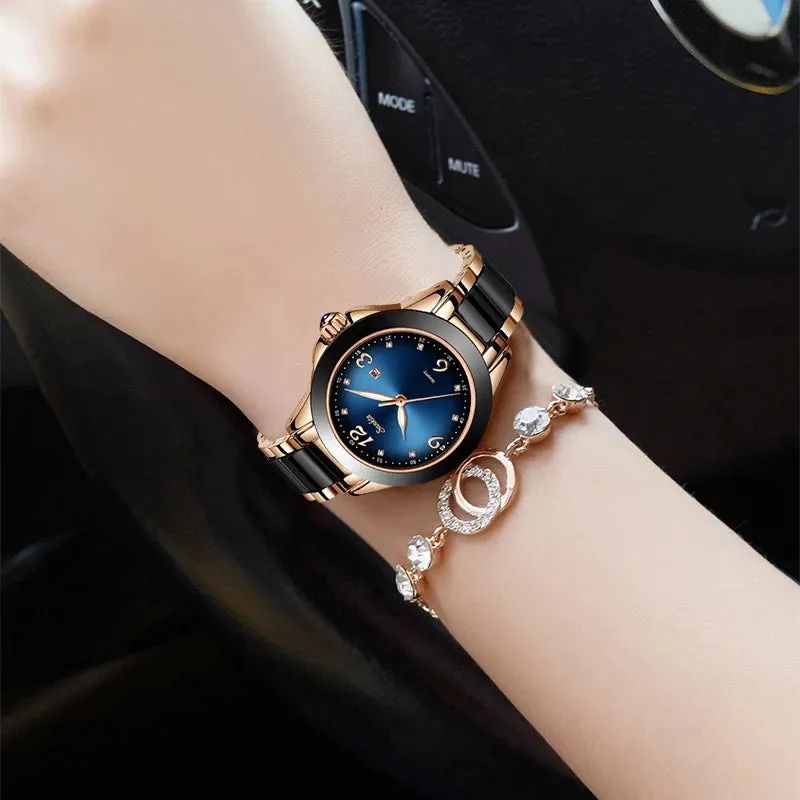 SUNKTA Fashion Women Watches Ladies Top Brand Luxury Ceramic Rhinestone Sport Quartz Watch Women Blue Waterproof Bracelet Watch