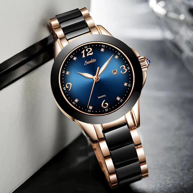 SUNKTA Fashion Women Watches Ladies Top Brand Luxury Ceramic Rhinestone Sport Quartz Watch Women Blue Waterproof Bracelet Watch
