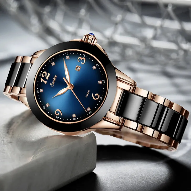 SUNKTA Fashion Women Watches Ladies Top Brand Luxury Ceramic Rhinestone Sport Quartz Watch Women Blue Waterproof Bracelet Watch