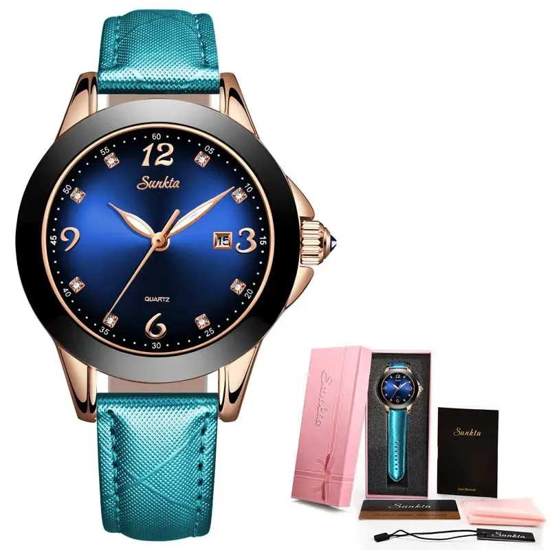 SUNKTA Fashion Women Watches Ladies Top Brand Luxury Ceramic Rhinestone Sport Quartz Watch Women Blue Waterproof Bracelet Watch