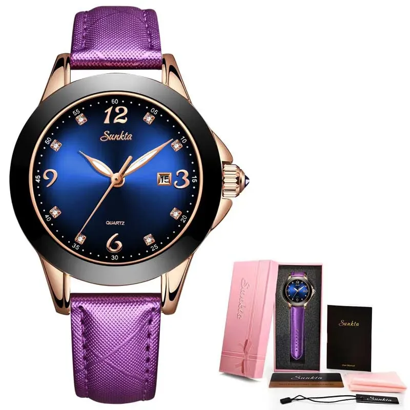 SUNKTA Fashion Women Watches Ladies Top Brand Luxury Ceramic Rhinestone Sport Quartz Watch Women Blue Waterproof Bracelet Watch