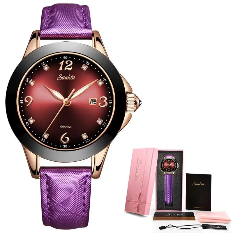 SUNKTA Fashion Women Watches Ladies Top Brand Luxury Ceramic Rhinestone Sport Quartz Watch Women Blue Waterproof Bracelet Watch