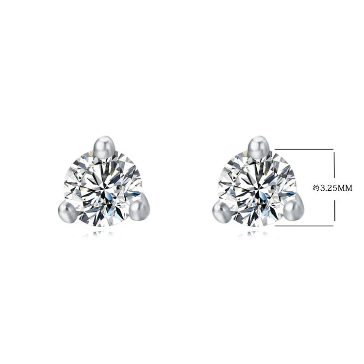 Three Prongs Round Zircon Silver Studs Earrings for Women