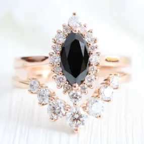 Tiara Halo Marquise Black Diamond Stack w/ Large 7 Diamond Curved Tapered Band