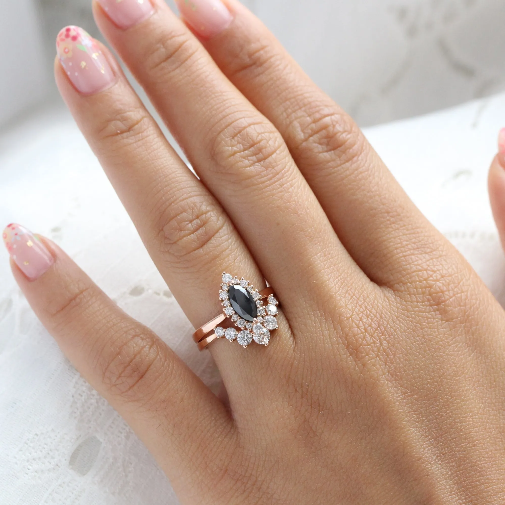 Tiara Halo Marquise Black Diamond Stack w/ Large 7 Diamond Curved Tapered Band