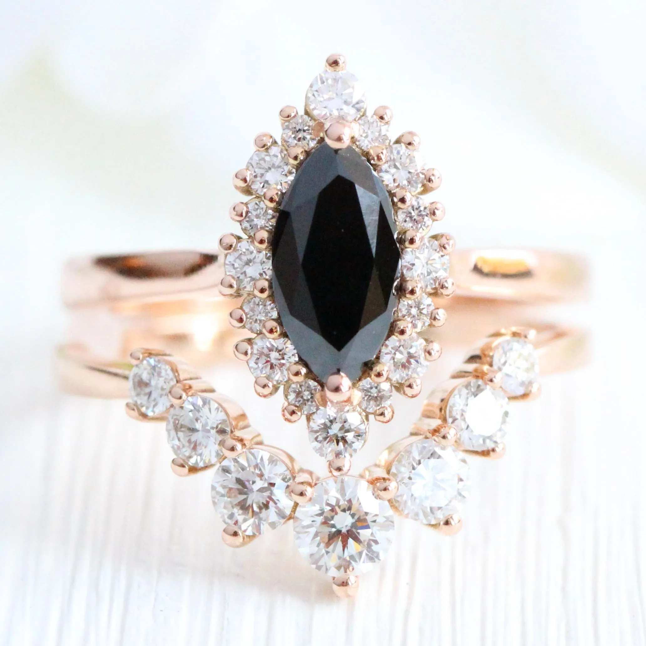 Tiara Halo Marquise Black Diamond Stack w/ Large 7 Diamond Curved Tapered Band