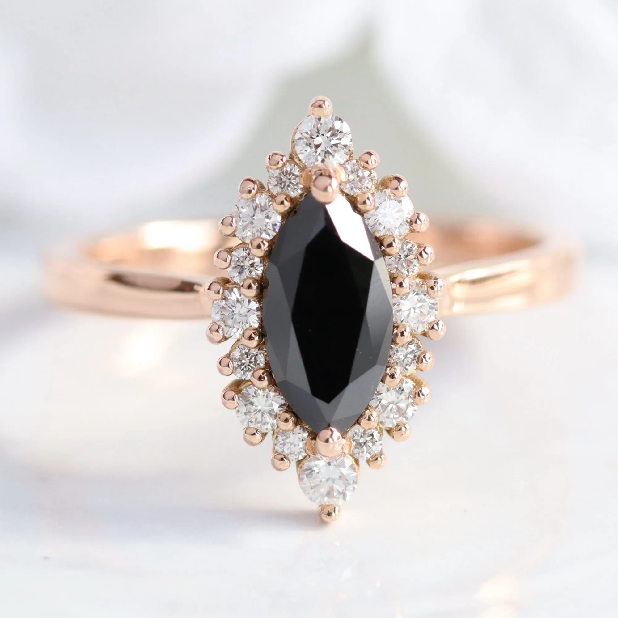 Tiara Halo Marquise Black Diamond Stack w/ Large 7 Diamond Curved Tapered Band