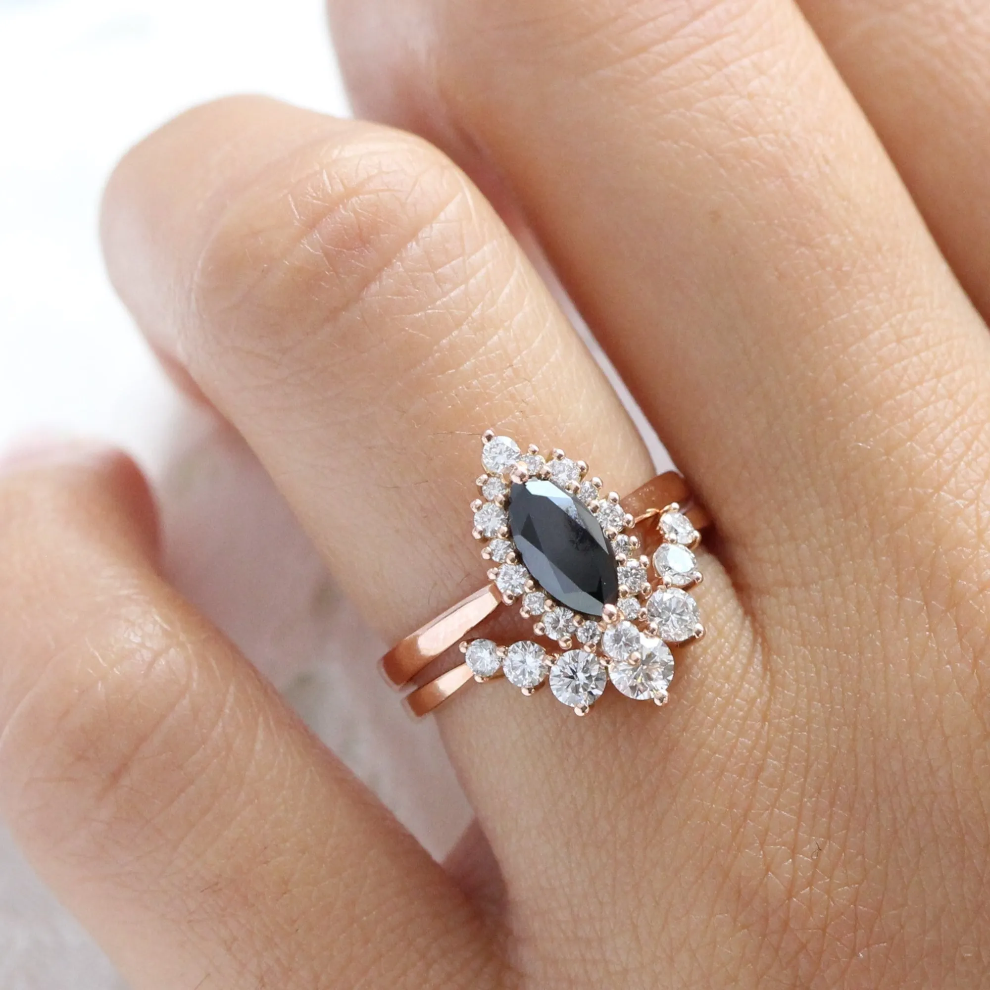 Tiara Halo Marquise Black Diamond Stack w/ Large 7 Diamond Curved Tapered Band