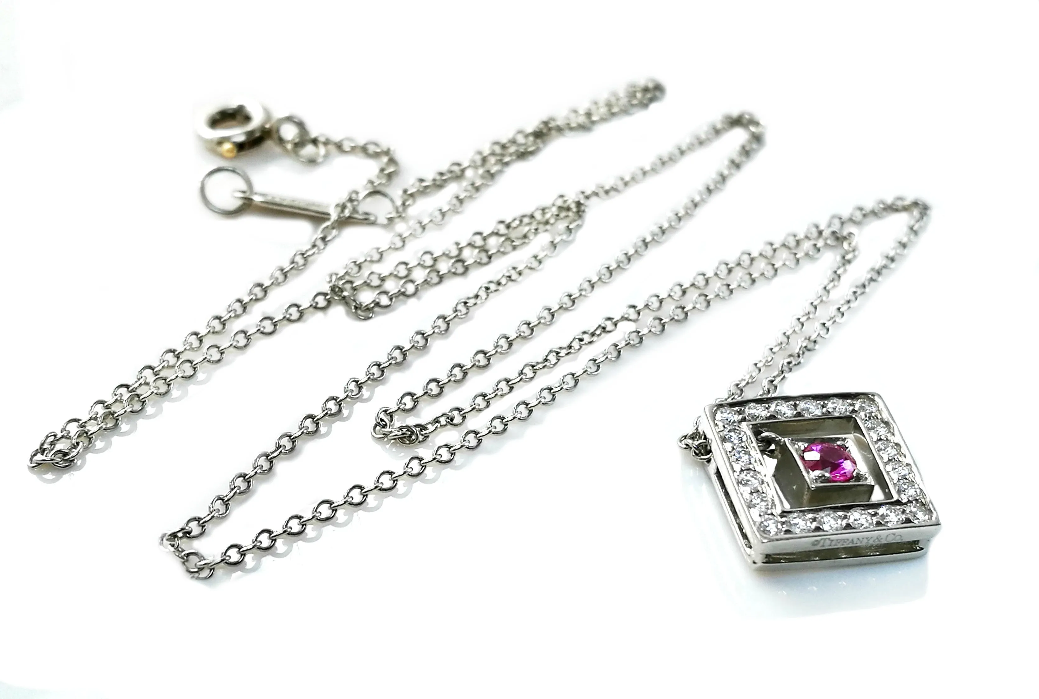 Tiffany & Co. Diamond, Platinum & Pink Sapphire Open Square Pendant