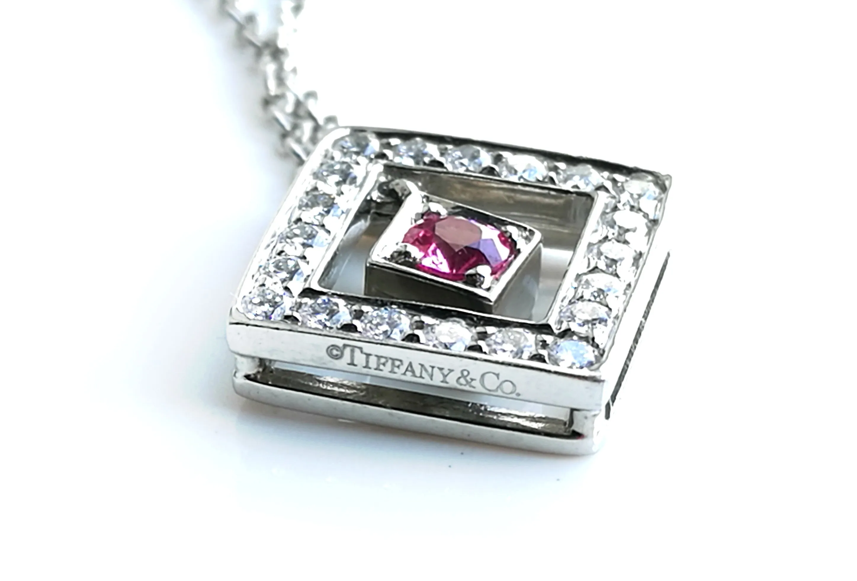 Tiffany & Co. Diamond, Platinum & Pink Sapphire Open Square Pendant