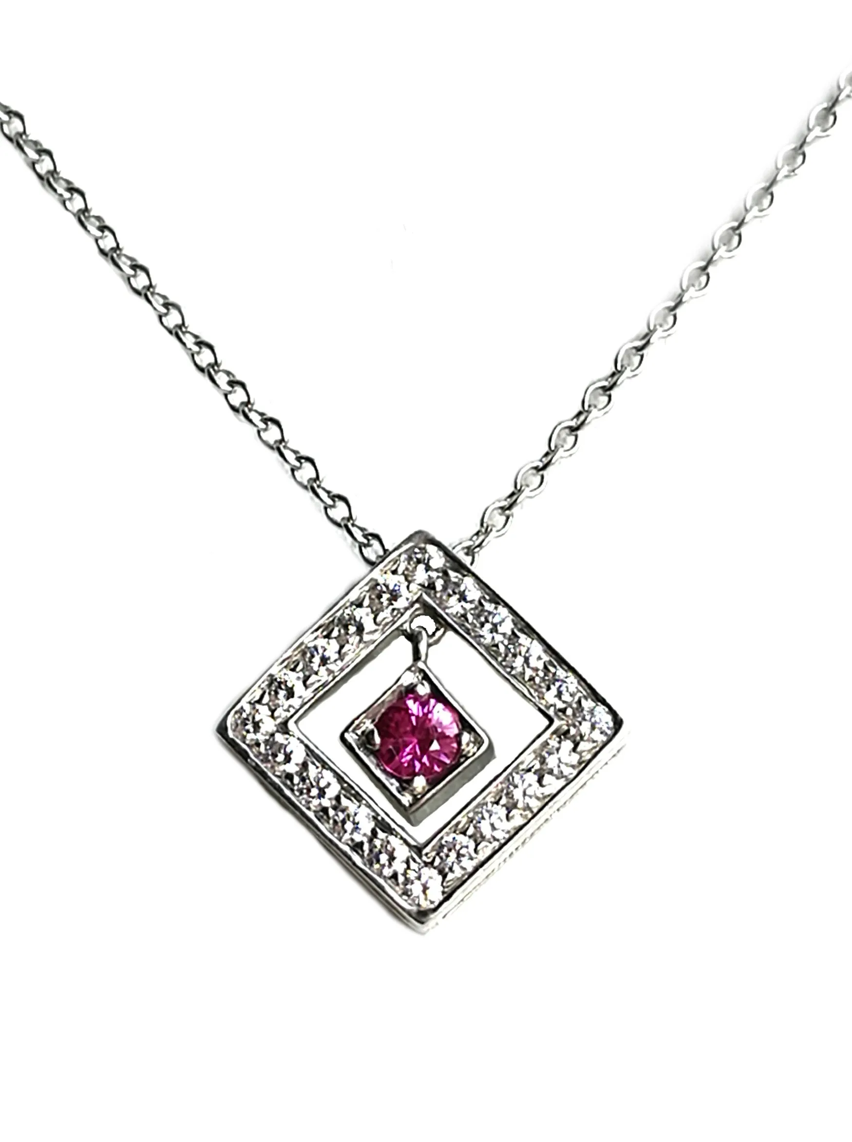 Tiffany & Co. Diamond, Platinum & Pink Sapphire Open Square Pendant