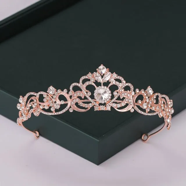 Trendy Rose Gold Crystal Tiaras Crowns Princess Party Hair Accessory
